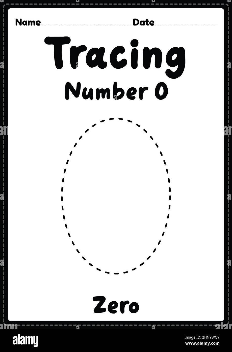 Tracing number 0 worksheet for kindergarten, preschool and Montessori kids for handwriting practice activities in a printable page. Stock Photo