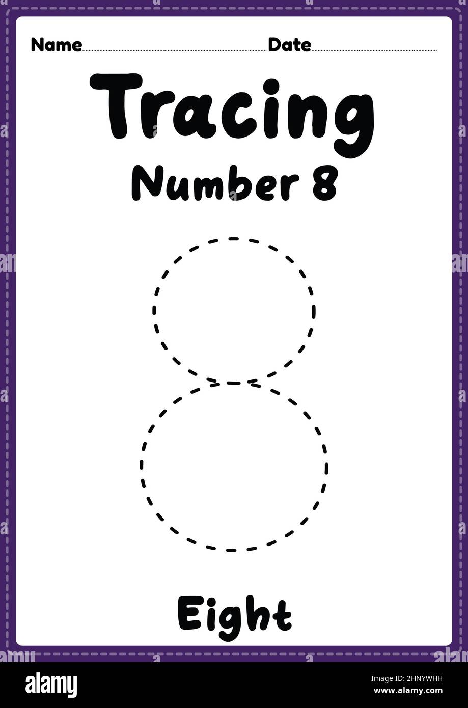 Tracing number 8 worksheet for kindergarten, preschool and Montessori kids for handwriting practice activities in a printable page. Stock Photo