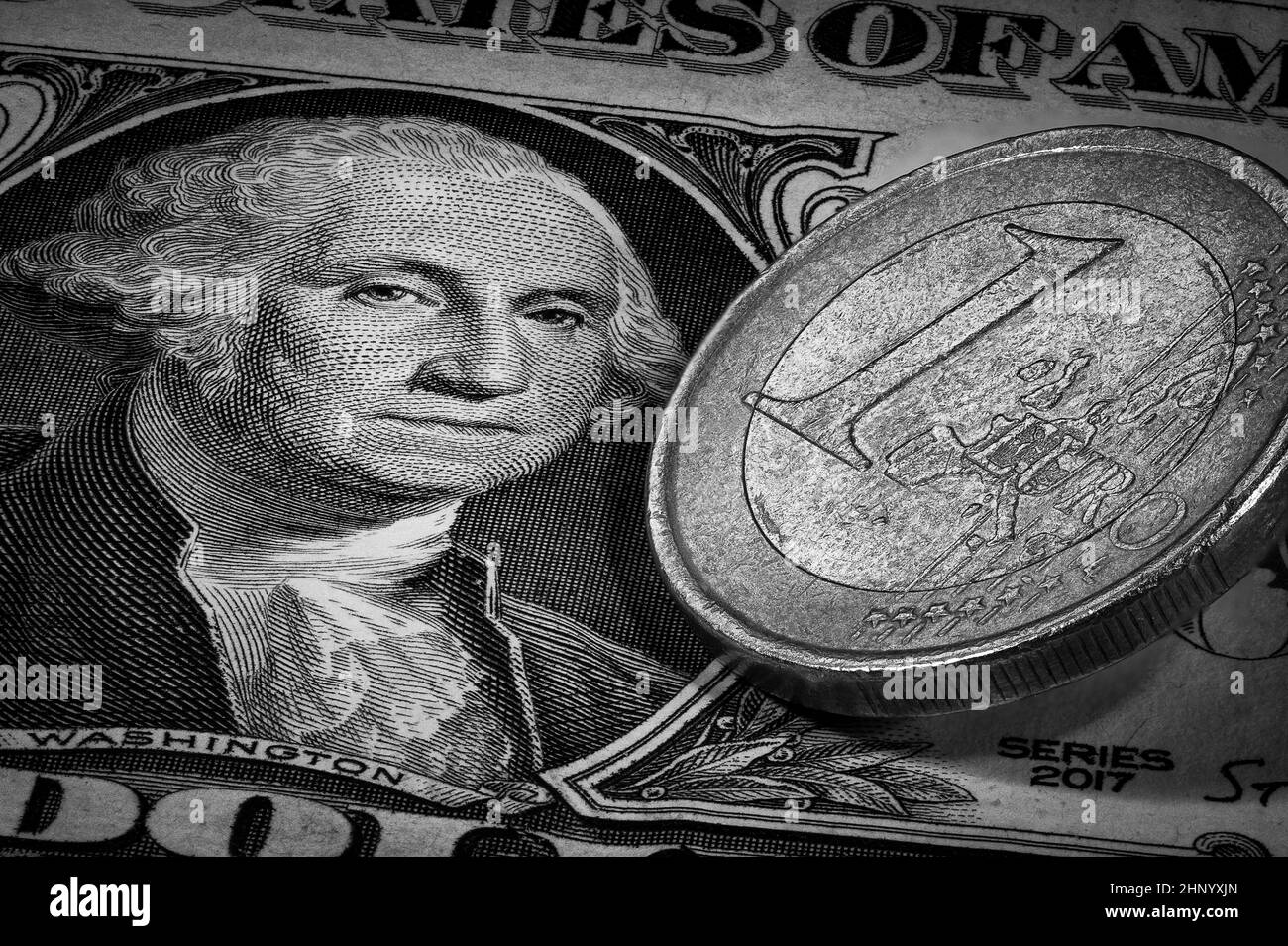 Euro Dollar Exchange Rate Parity Close Up Black and White Stock Photo