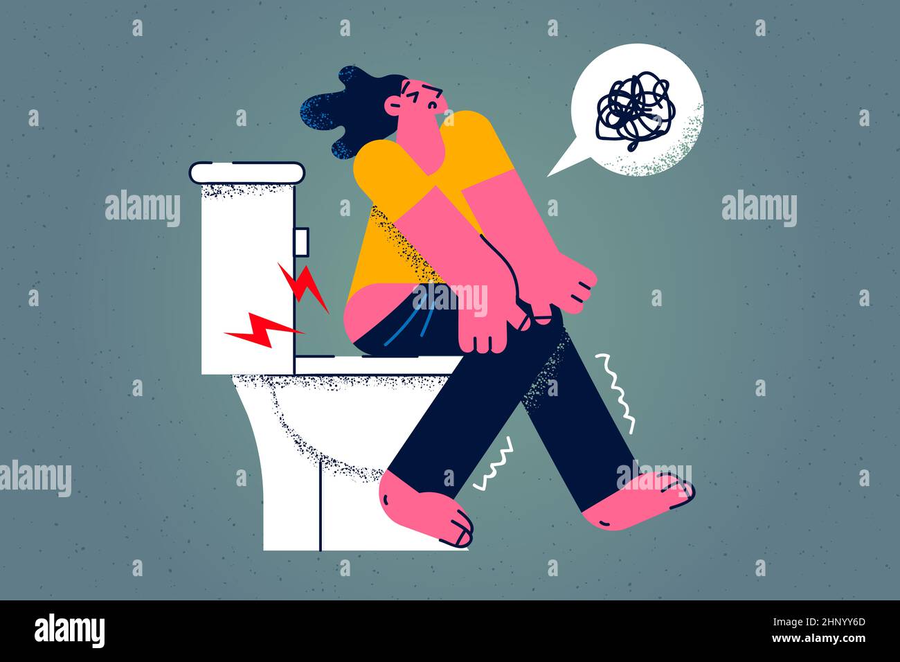 Unwell woman sit on toilet suffer from constipation have stomachache