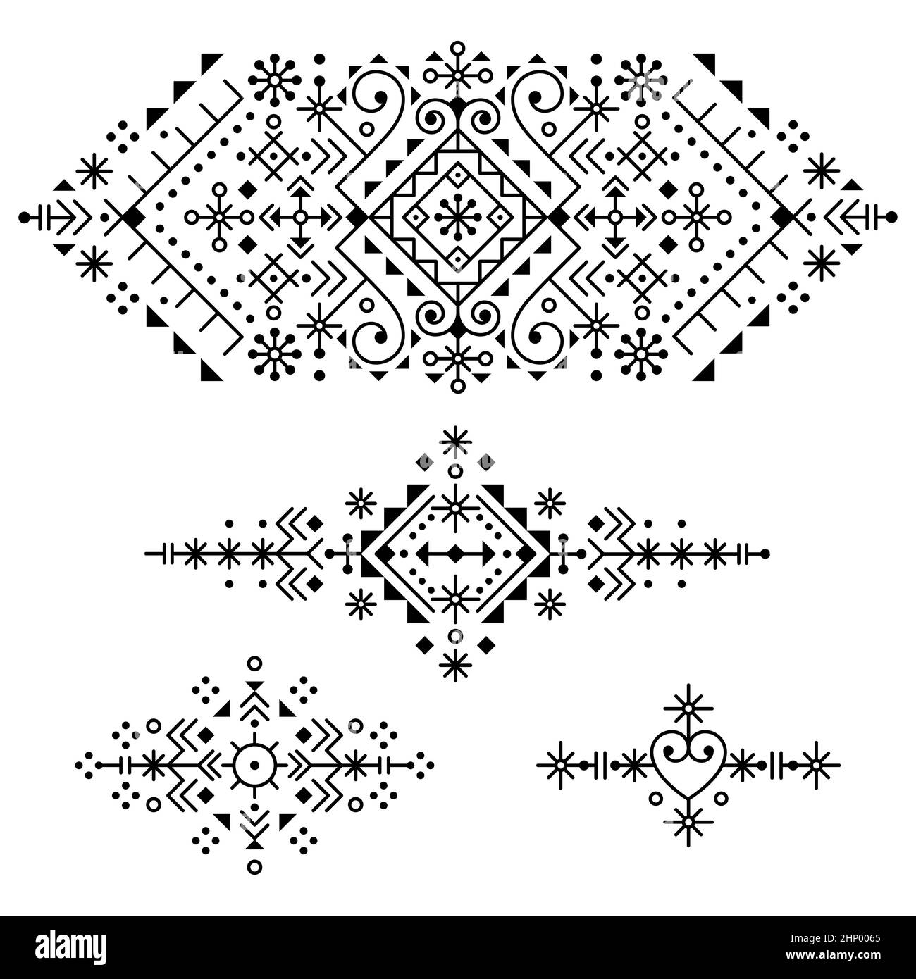 Nordic Icelandic style geometric tribal line art vector minimalist design set, monochrome pattern collection inspired by Viking runes Stock Vector
