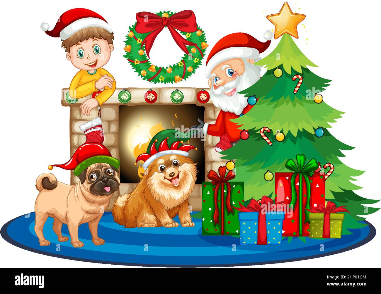 Christmas theme with Santa Claus and two dogs illustration Stock Vector ...