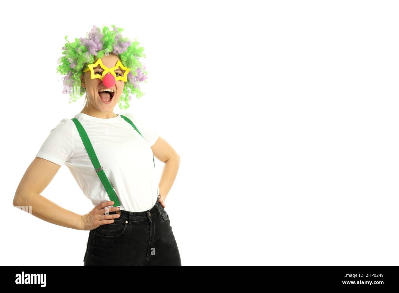 Laughing female clown isolated on white background Stock Photo - Alamy