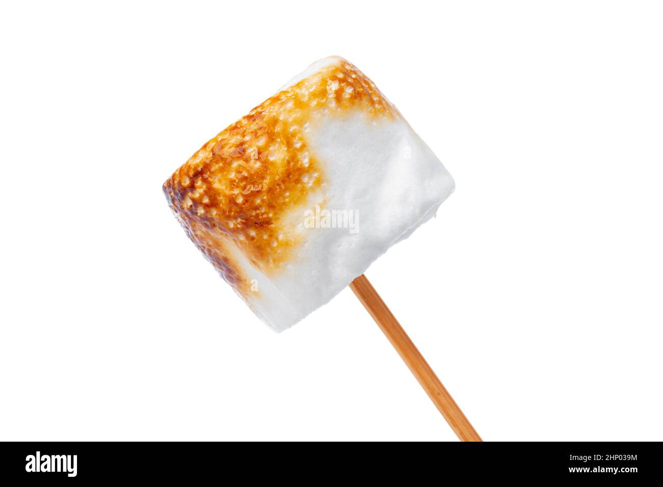 Grilled marshmallows on sticks isolated on white Stock Photo