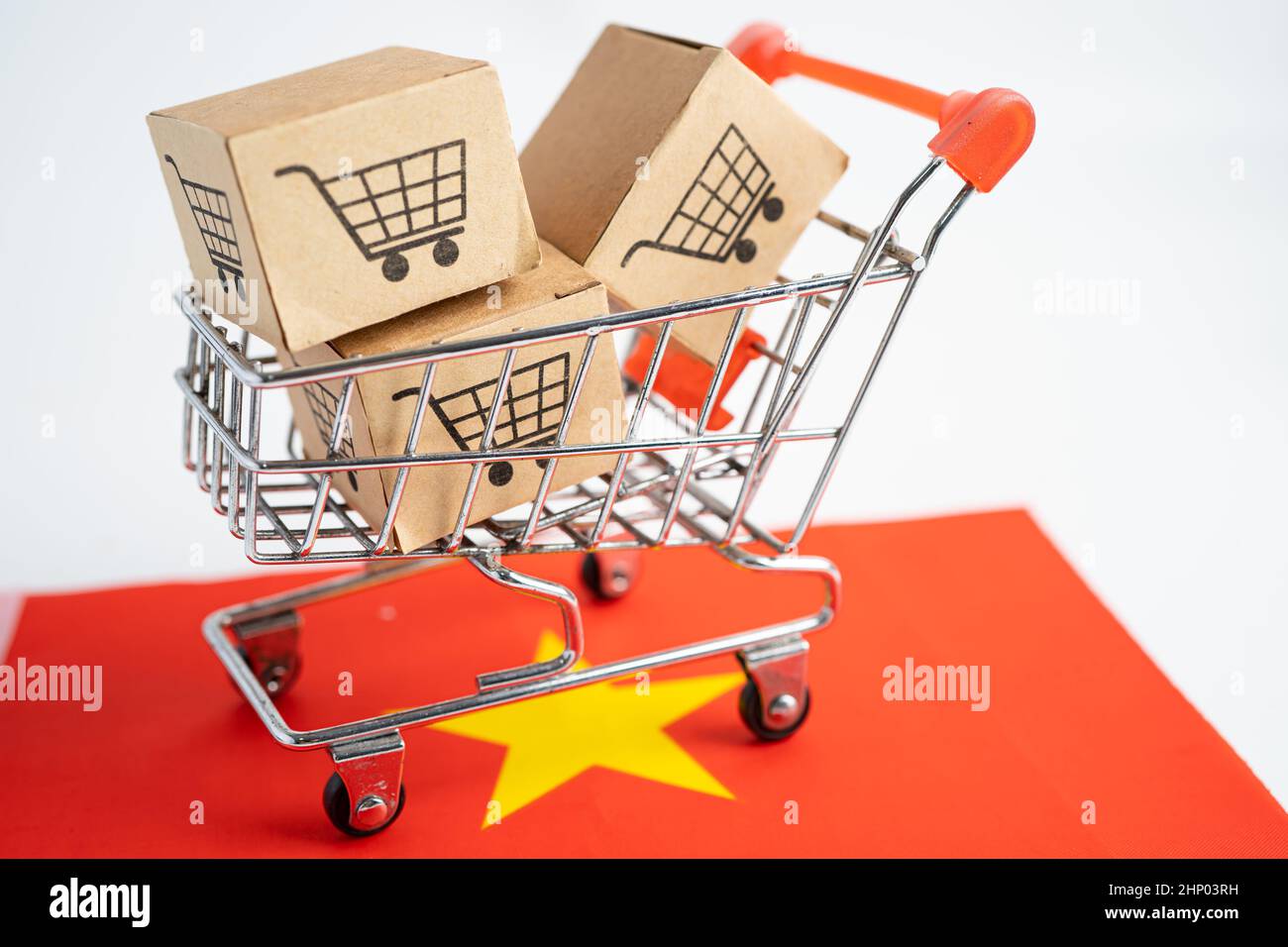 Box with shopping cart logo and Vietnam flag, Import Export Shopping