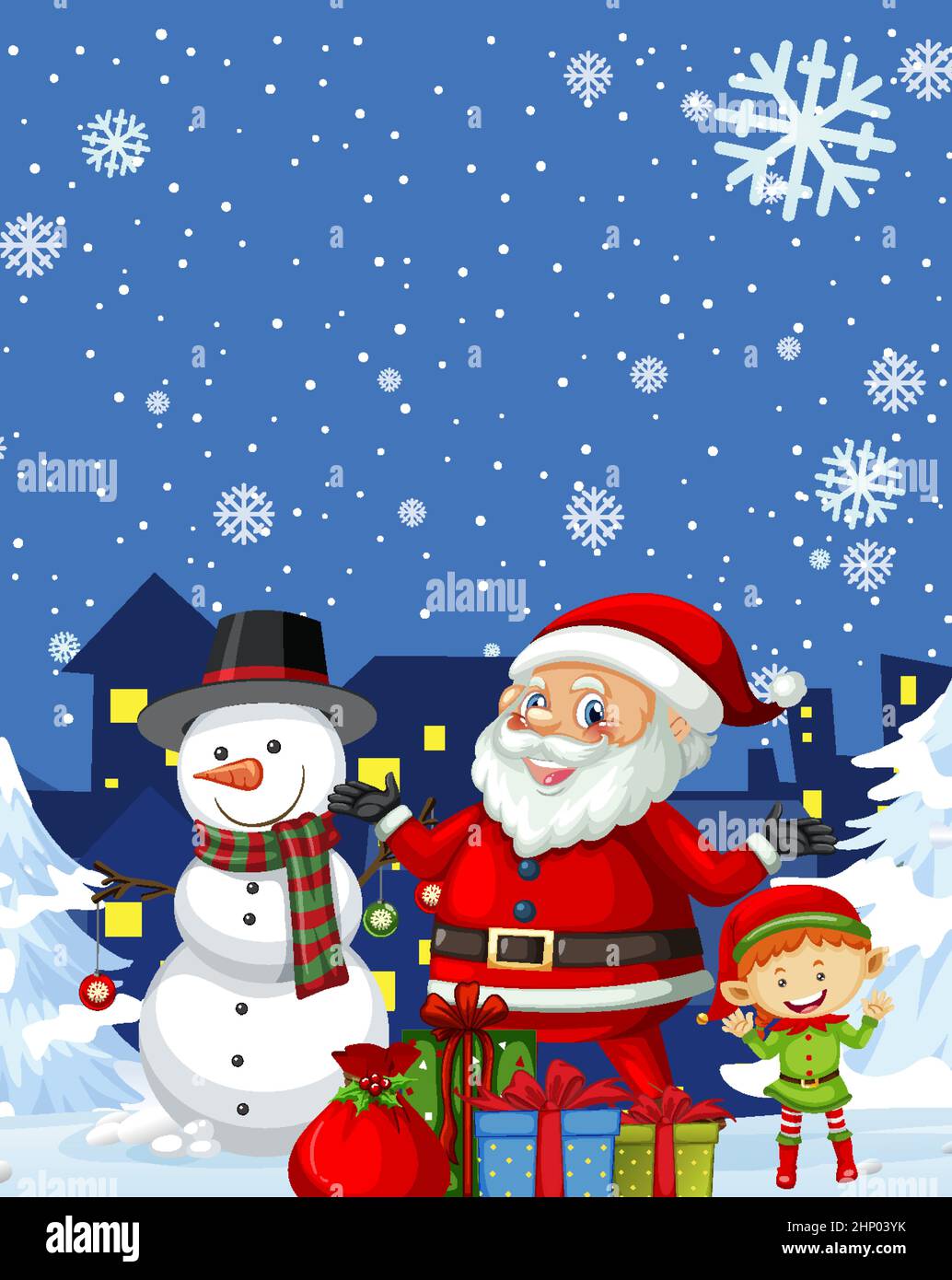 Christmas poster design with Santa Claus and snowman illustration Stock ...