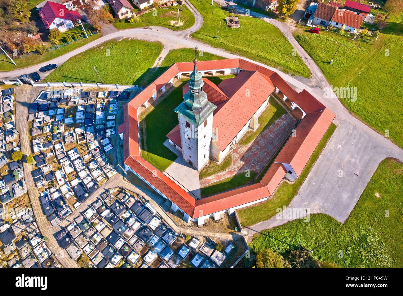 Village of Komin church aerial view, Prigorje region of Croatia Stock Photo