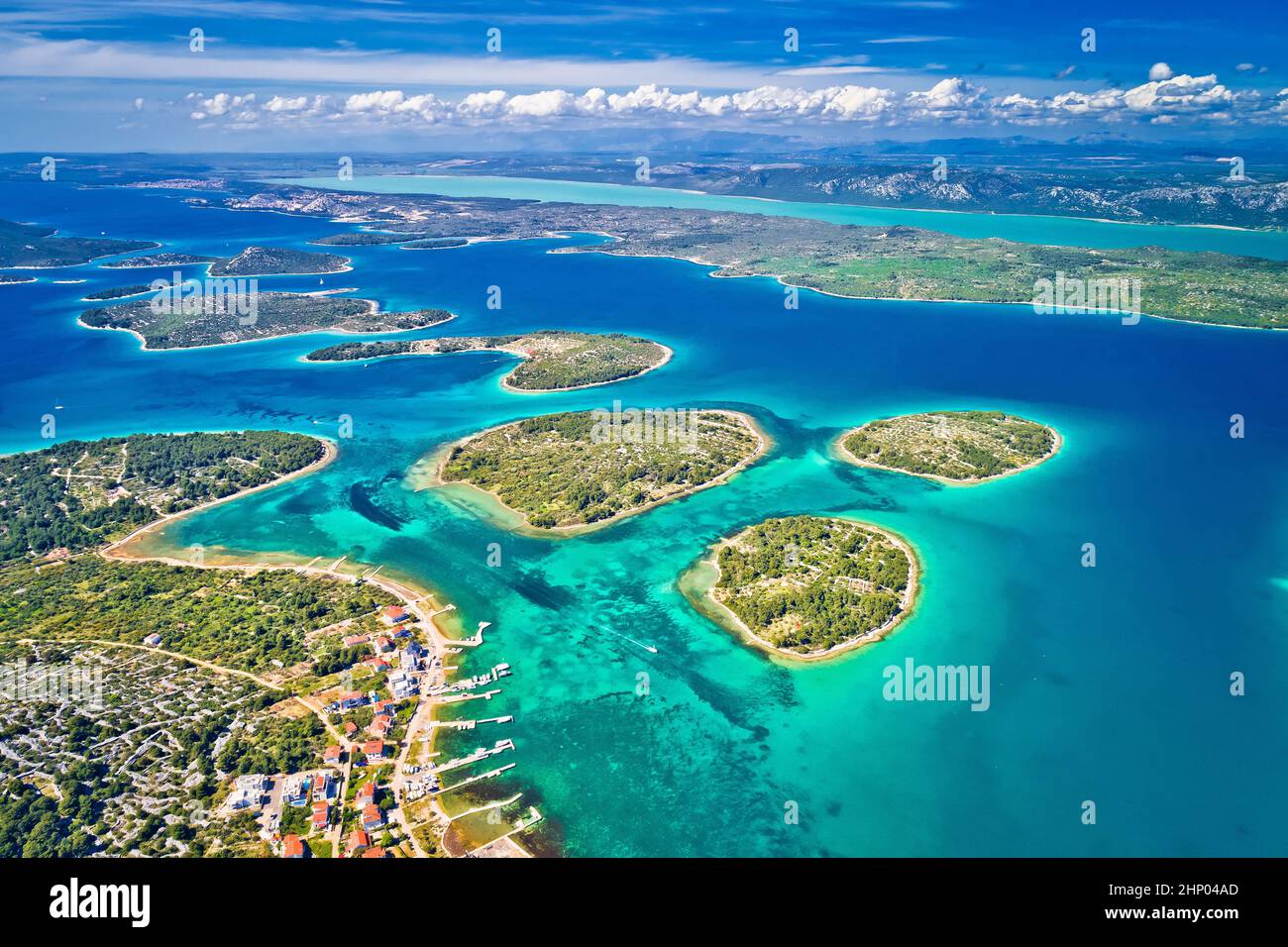 Archipelago of Dalmatia and Vransko lake aerial panoramic view, Murter island of Croatia Stock Photo