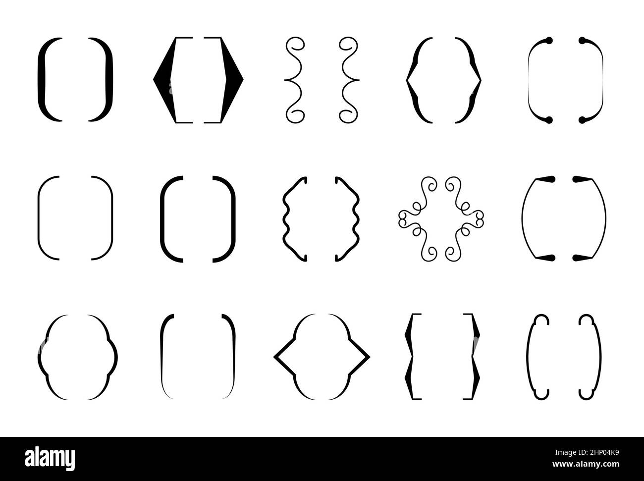 Curly brace set vector. Text brackets collection for messages, quotas. Oval, square, retro parentheses and punctuation shapes. Black frame for text. Stock Vector