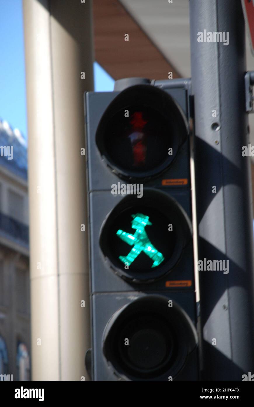 Green Pedestrian Traffic Light in Eastern Germany (Berlin) Stock Photo
