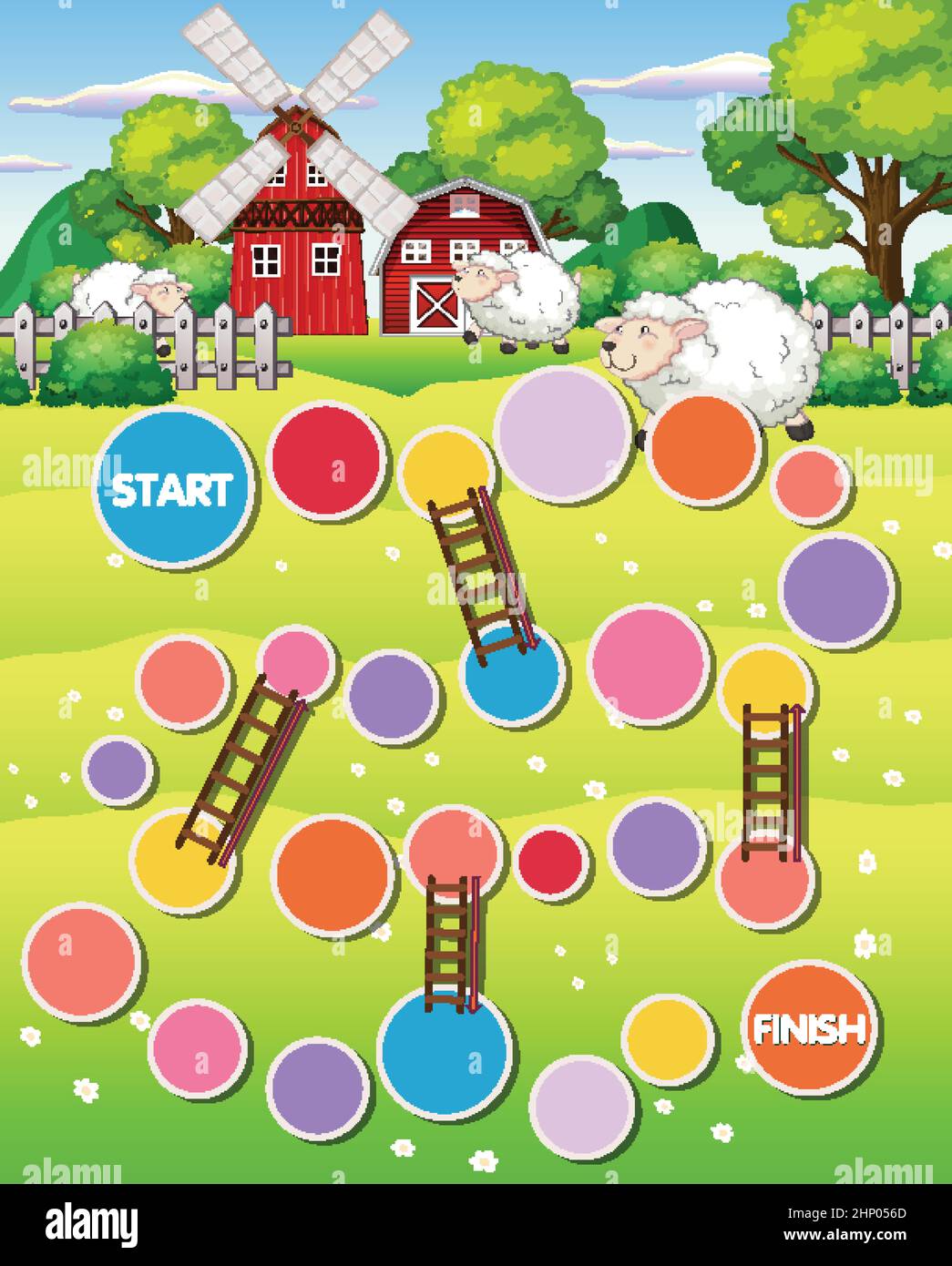 Snake ladders game template with farm theme illustration Stock Vector