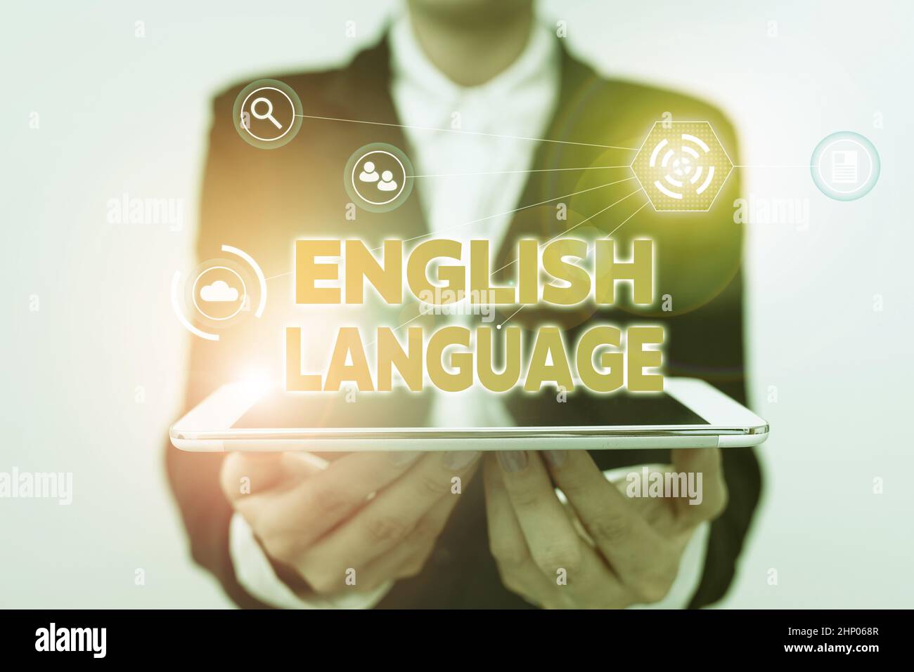 Hand writing sign English Language, Business idea third spoken native lang in world after Chinese and Spanish Lady In Uniform Holding Touchpad Showing Stock Photo