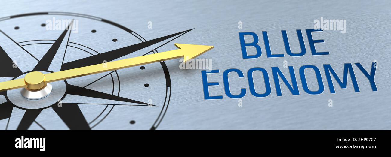 Compass needle pointing to the words Blue Economy - 3d rendering Stock Photo