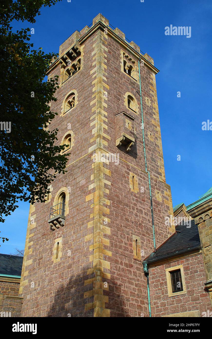 Wartburg castle near Eisenach, keep (German Bergfried) and inner courtyard, Germany, Europe. A keep  is a type of fortified tower built within castles Stock Photo