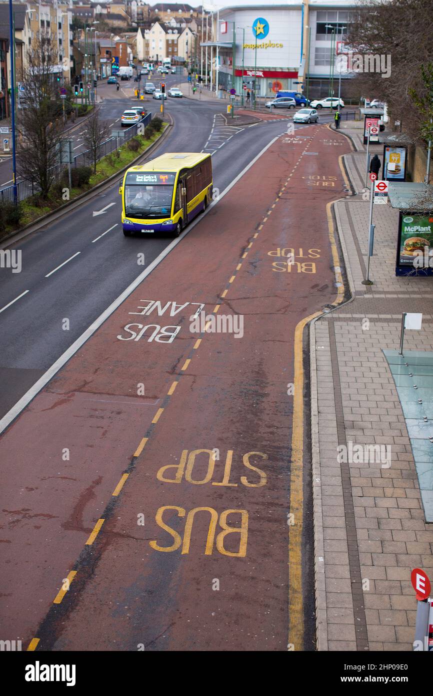 Bus stop and bus lanes in Dartford, Kent, UK Stock Photo Alamy