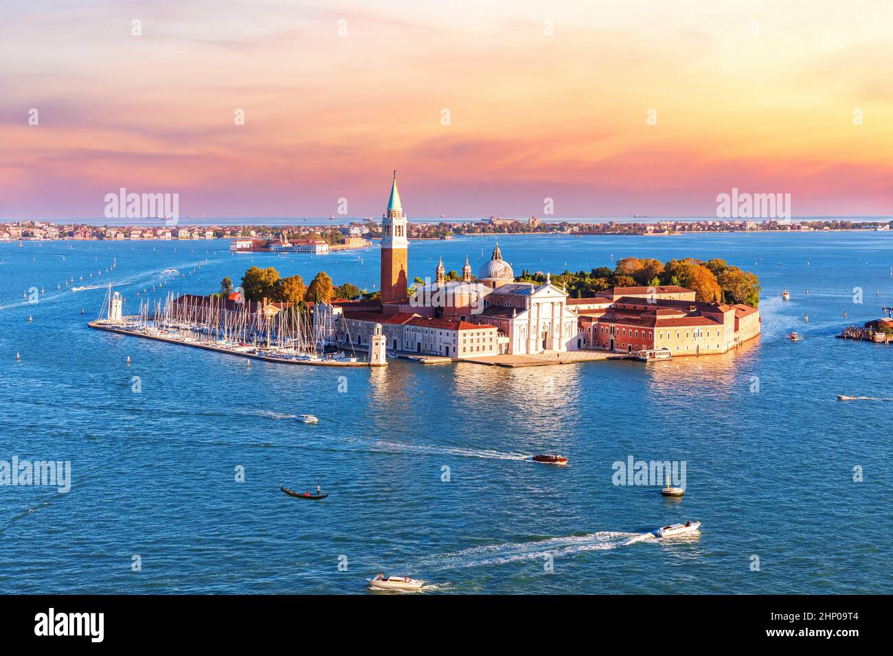 Famous San Giorgio Maggiore island of Venice, beautiful sunset view, Italy. Stock Photo