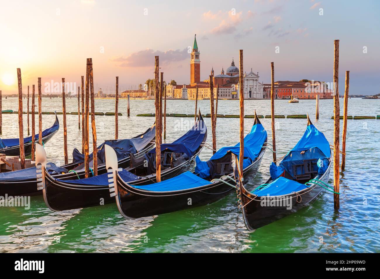 Gondolas and St. George Monastery in the background, Venice, Italy. Stock Photo