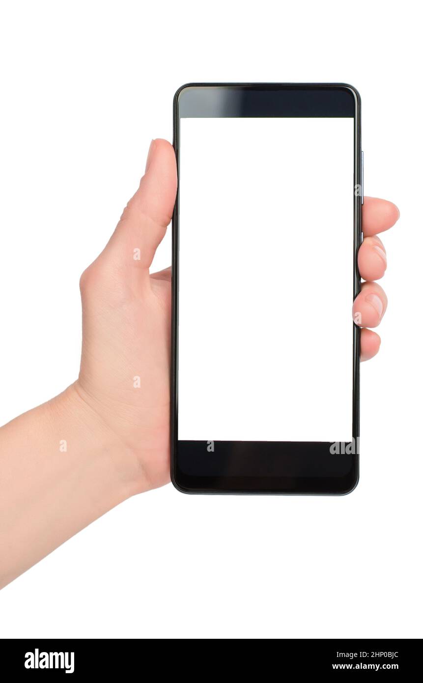 Female hand holding smartphone with blank white screen on white ...
