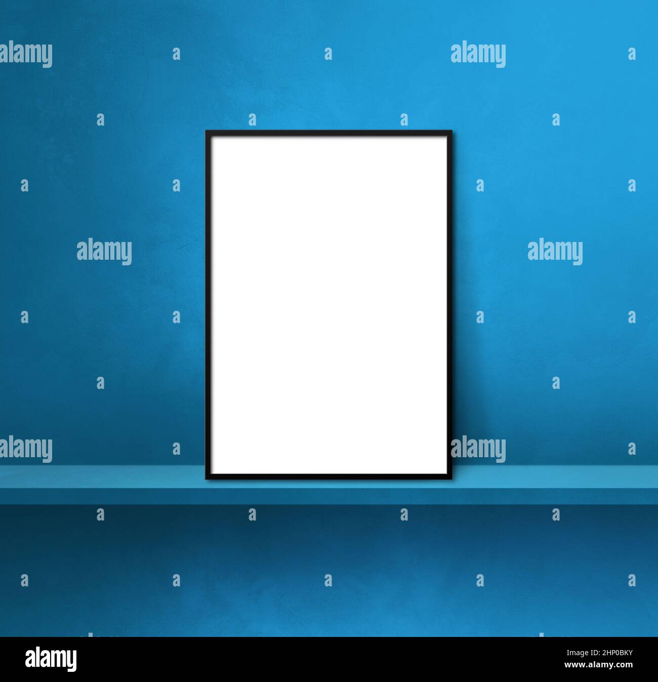 Black picture frame leaning on a blue shelf. 3d illustration. Blank ...
