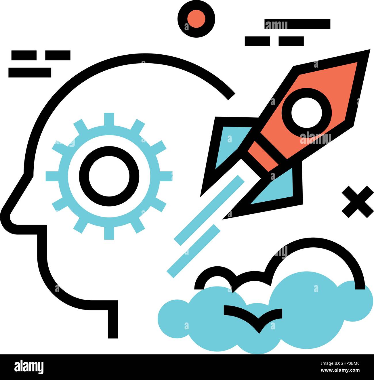 Head with gear and rocket. Big idea thinking process concept. Stock Vector