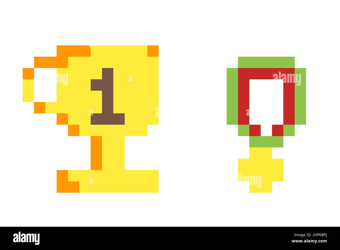 Pixel art: a golden cup and a medal (prizes for a competition). Stock Photo