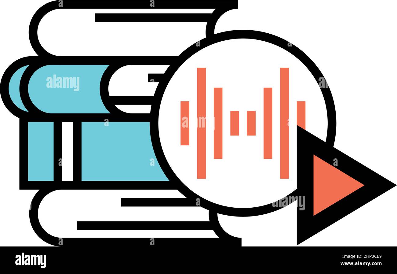 Book stack with play sound sign. Audiobook icon Stock Vector