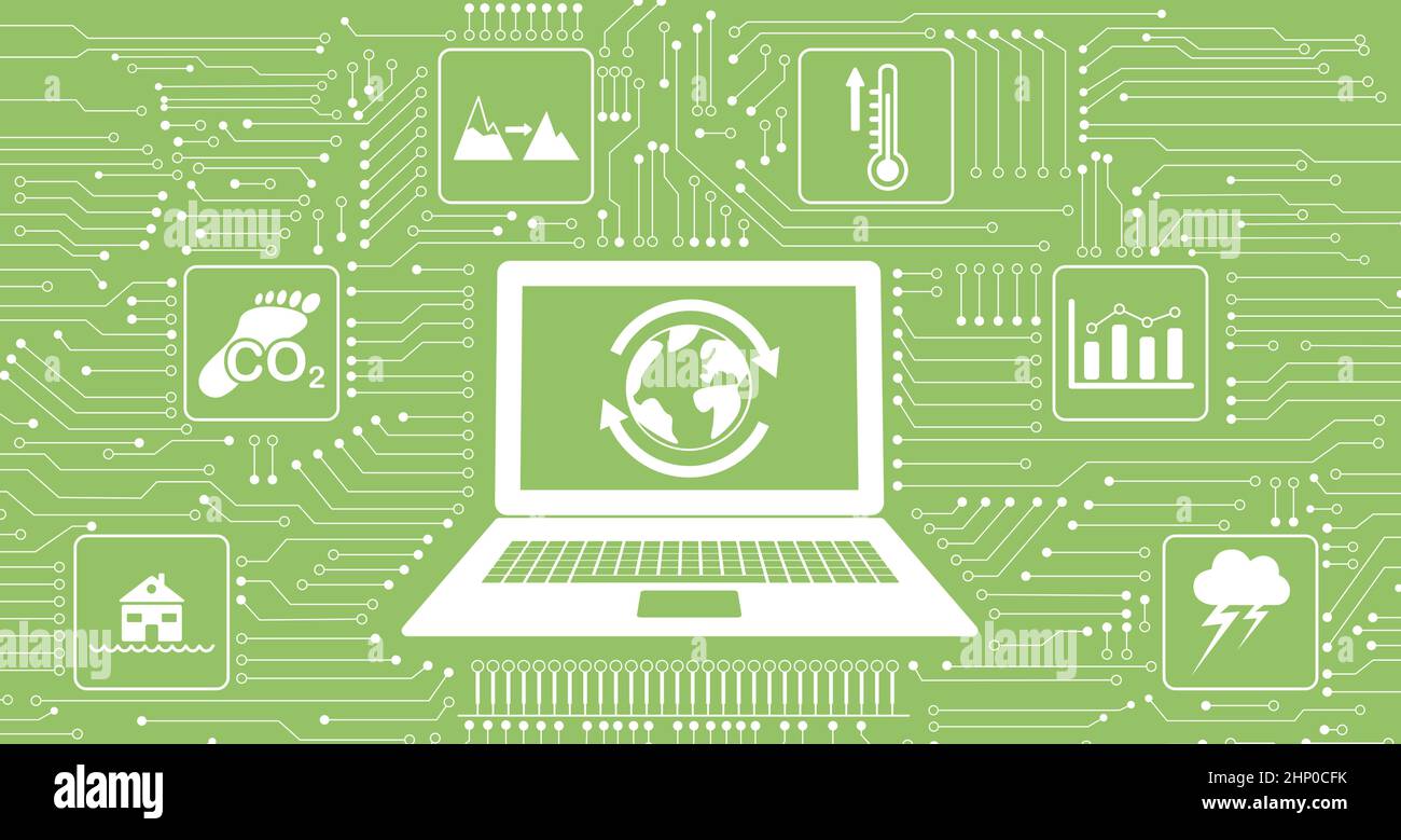 Concept of climate change with icons integrated in circuit Stock Photo ...
