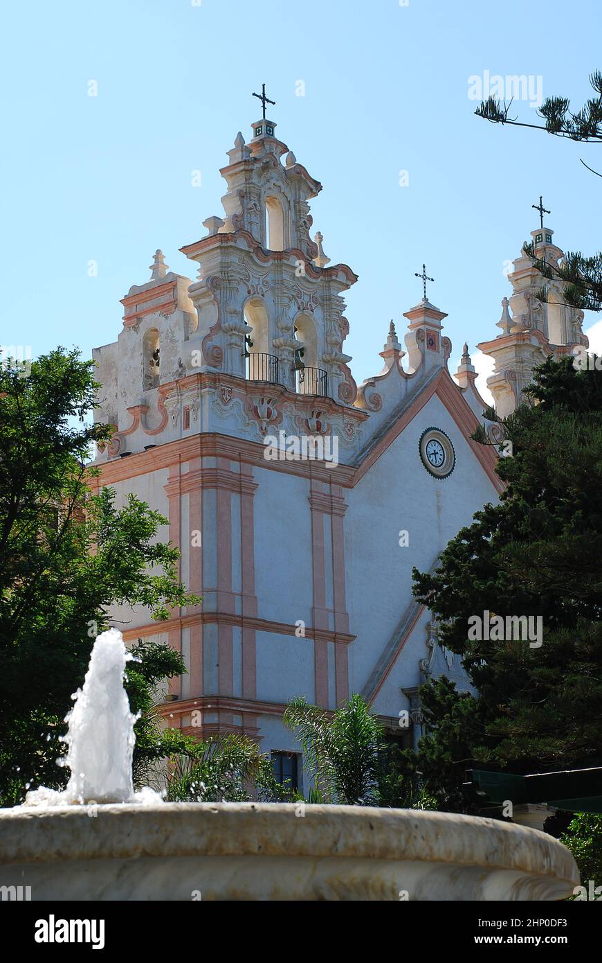 Front facade of Iglesia del Carmen (iglesia de Nuestra Señora del Carmen y Santa Teresa), seen from the Alameda park, Cadiz, Spain. Stock Photo