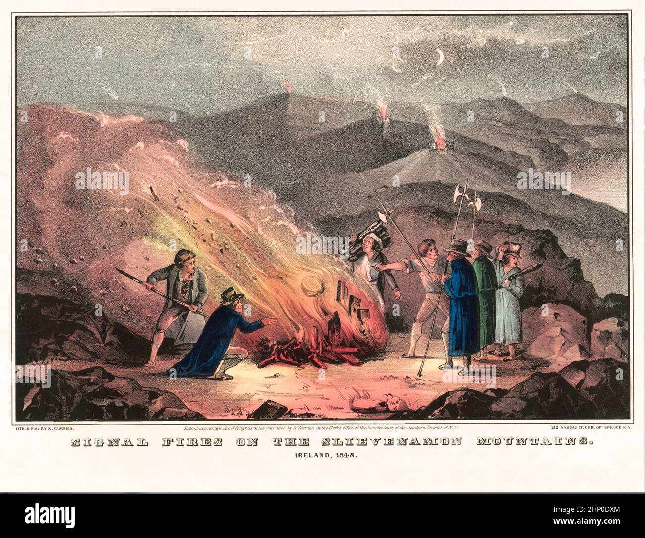 A 19th Century artwork of signal fires on  Slievenamon mountains steeped in folklore and is associated with Fionn mac Cumhaill in County Tipperary, Ireland. Stock Photo