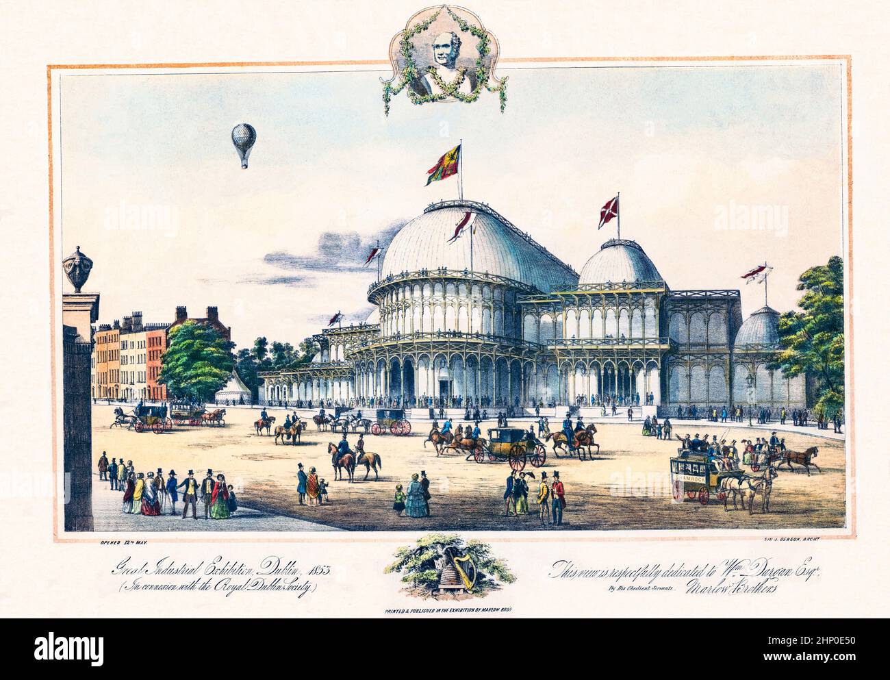 A 19th Century artwork of the Great Industrial Exhibition in 1853 was held in Dublin, Ireland, the largest international event to be held in Ireland. The Irish Industrial Exhibition Building, located on the grounds of Leinster House, housed the entire fair. It lasted from 12 May to 31 October, Queen Victoria accompanied by the Prince Consort and the Prince of Wales, paid an official visit on 29 August. It was entirely funded by William Dargan, an entrepreneur and developer of Irish railways who gave over £300,000 sponsorship to introduce the industrial revolution to Ireland. Stock Photo