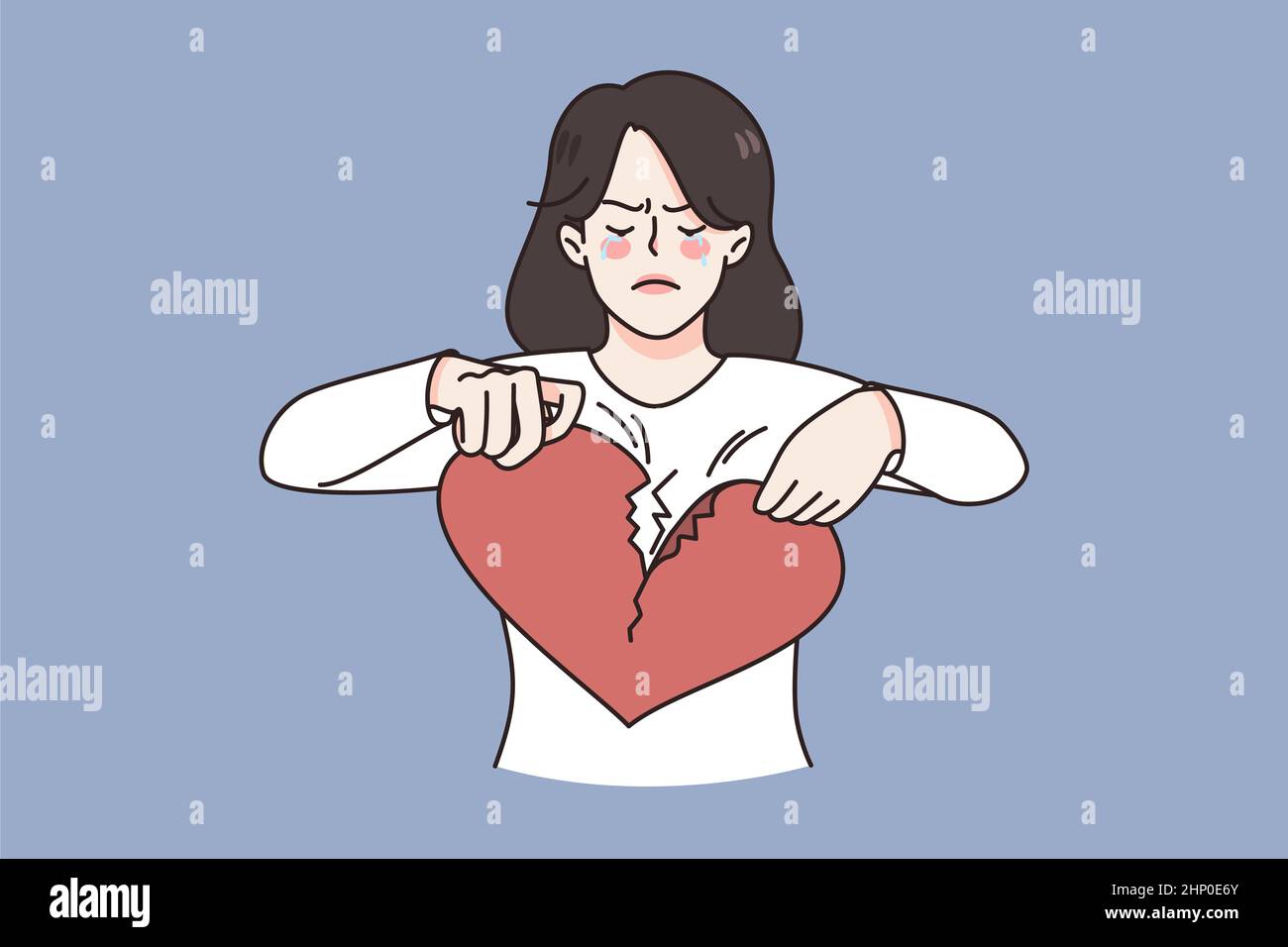 Breaking up and Broken heart concept. Young sad unhappy disappointed crying woman standing and breaking huge red heart into pieces vector illustration Stock Photo