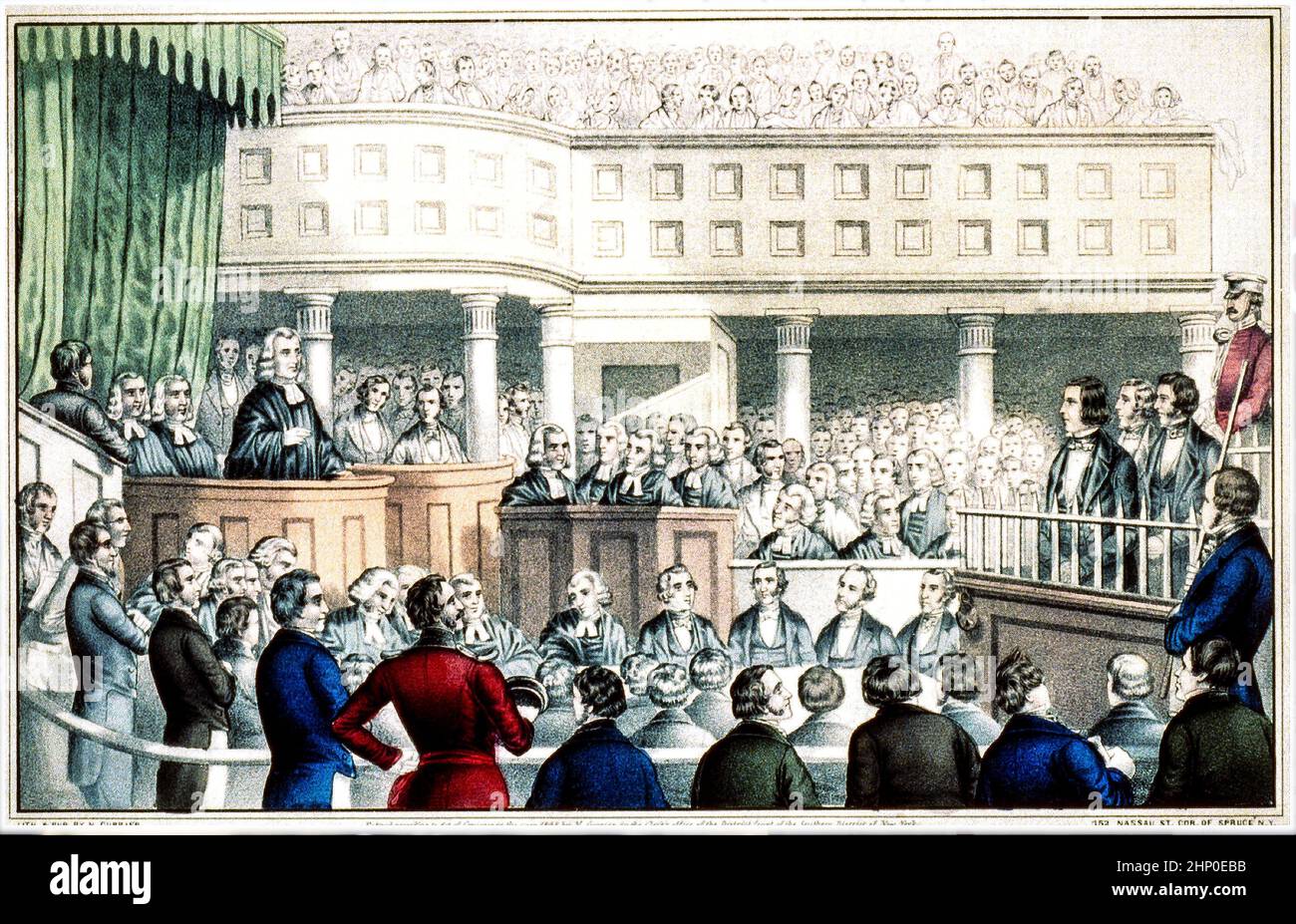 A 19th Century artwork of the Trial of  Irish patriots at Clonmel, Oct. 22nd.1848. The illustration shows Lord Chief Justice Doherty, standing (left), delivering a death sentence to Thomas. F. Meagher, Terence B. Mc.Manus, Patrick 'Donohue, members of the rebel group, Young Ireland for an unsuccessful rebellion in 1848 during which Meagher publicly unveiled the “new” tricolour in Waterford for the first time, then in to a crowd in Dublin. In August Meagher, Terence MacManus, O’Brien and Patrick O’Donoghue were arrested, tried for treason and transported to Tasmania, Australia. Stock Photo