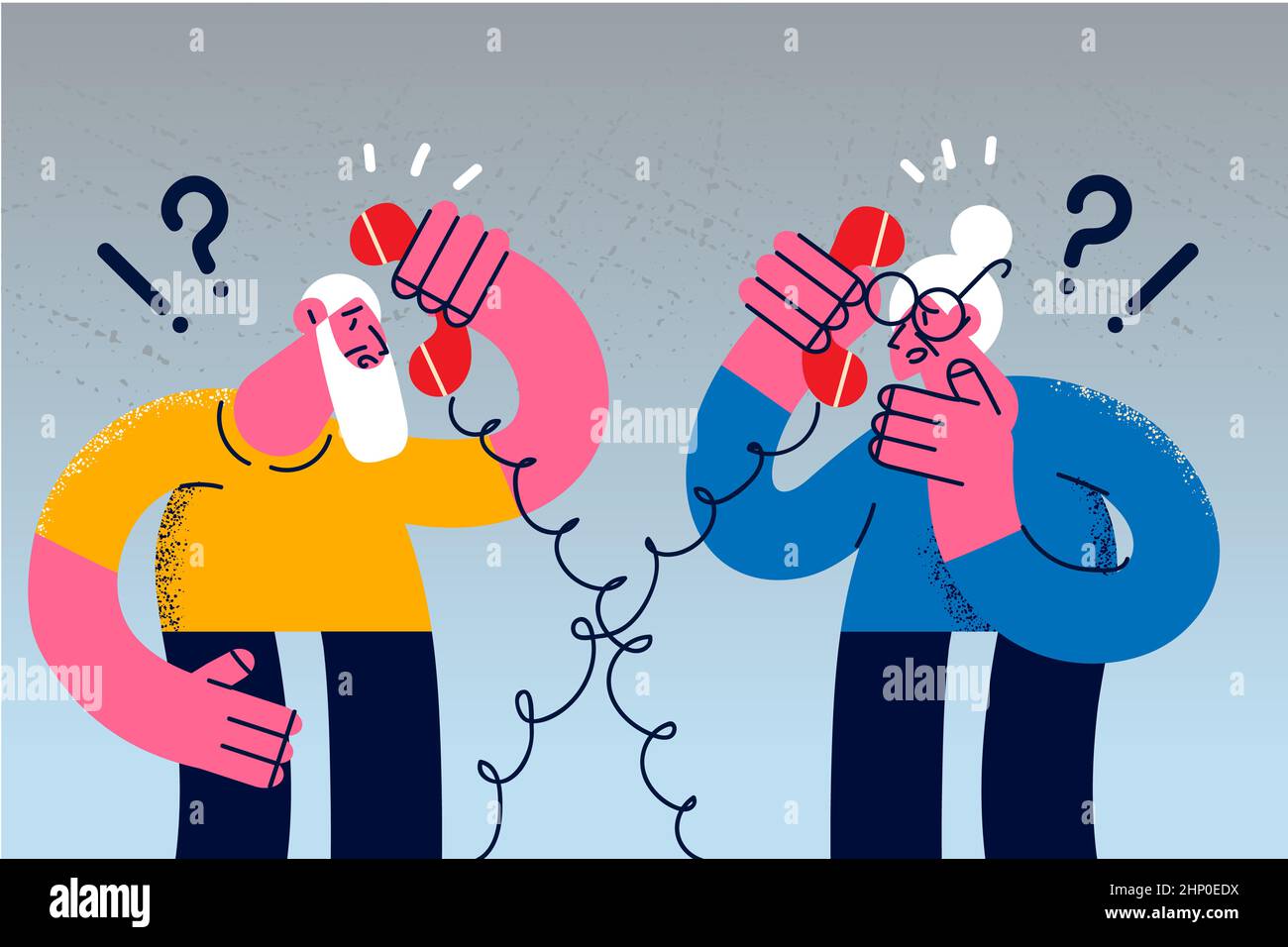 Senior man and woman talk on landline phone have bad provider connection. Elderly couple have