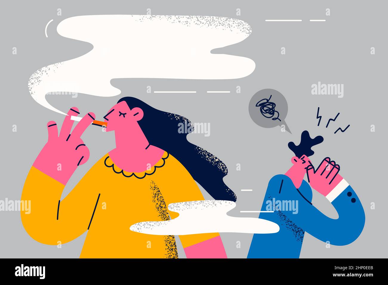 Woman smoke cigarette make passerby passive smoker suffer from cough