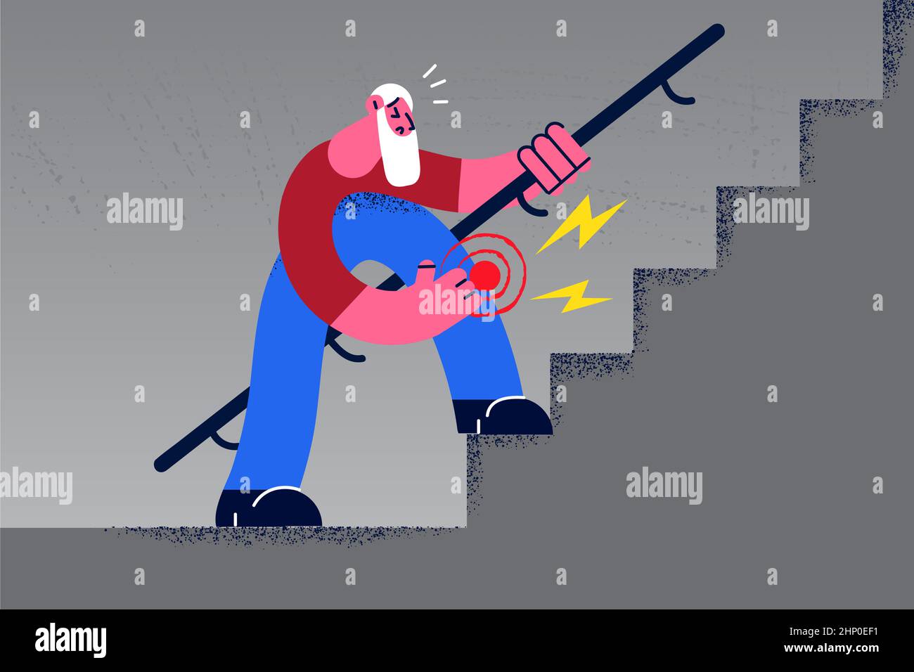 Unwell old grandfather with walking cane go upstairs suffer from keen