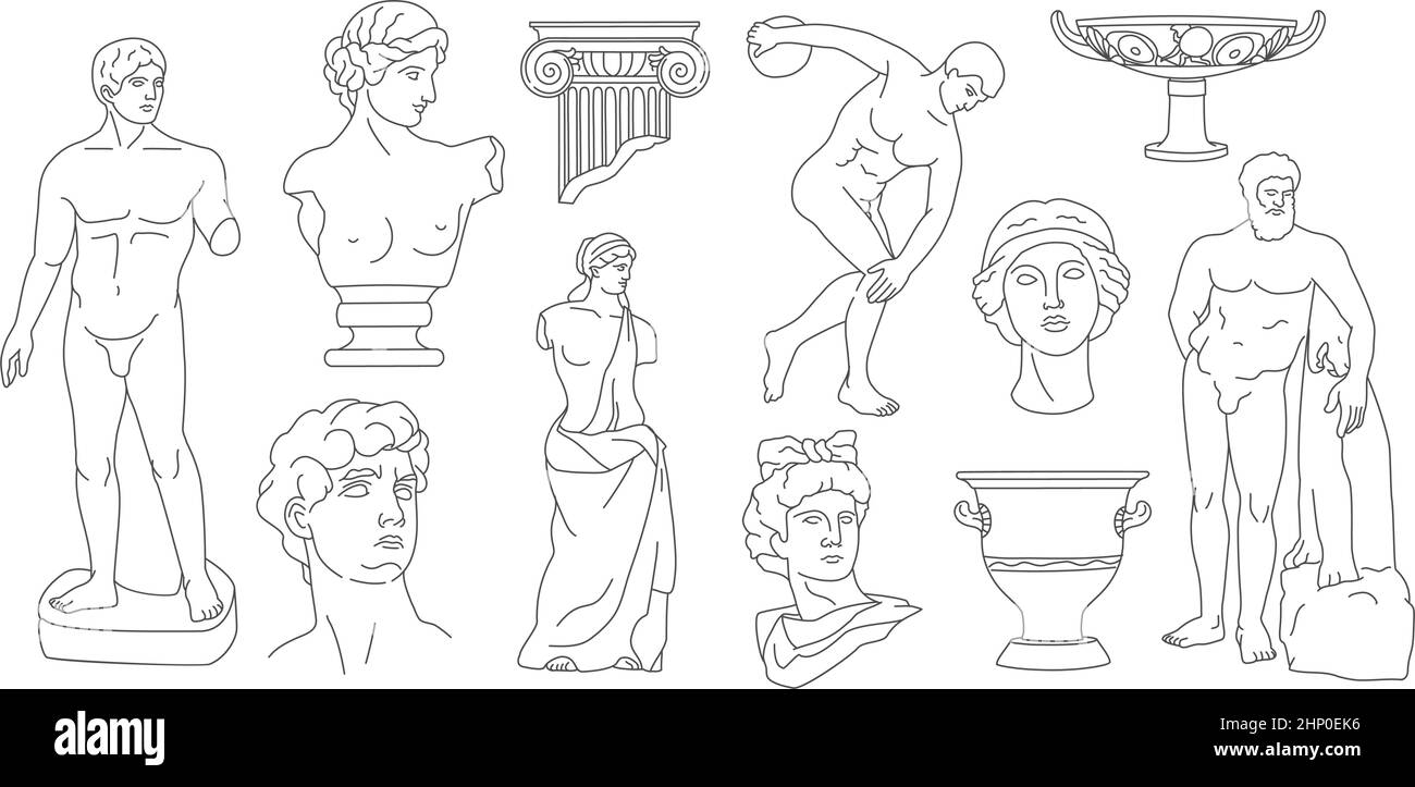 Line ancient greek statues and antique sculptures heads. Abstract