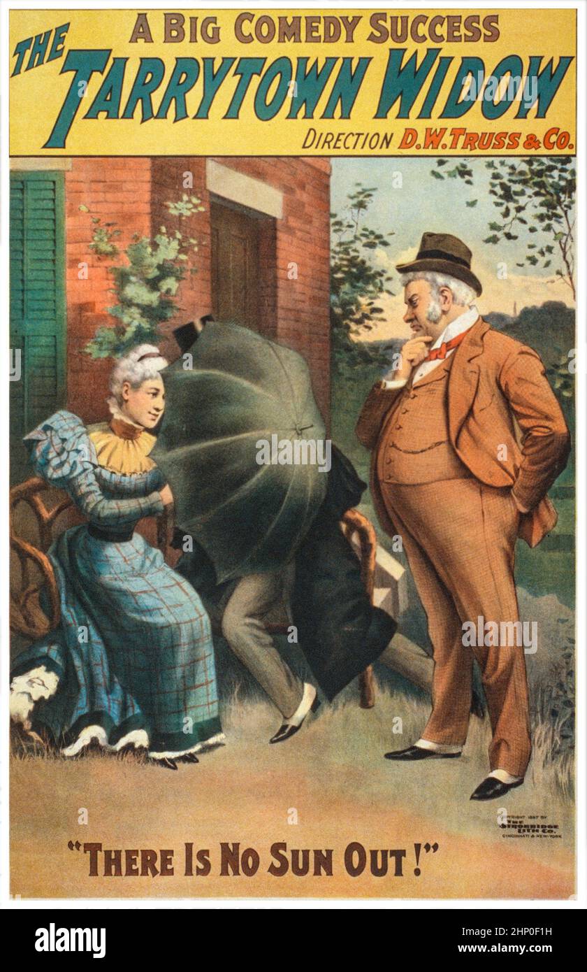 A 19th Century poster of the farcical Broadway comedy 'The Tarrytown Widow' written by Charles T. Dazey, first performed around 1897. Stock Photo