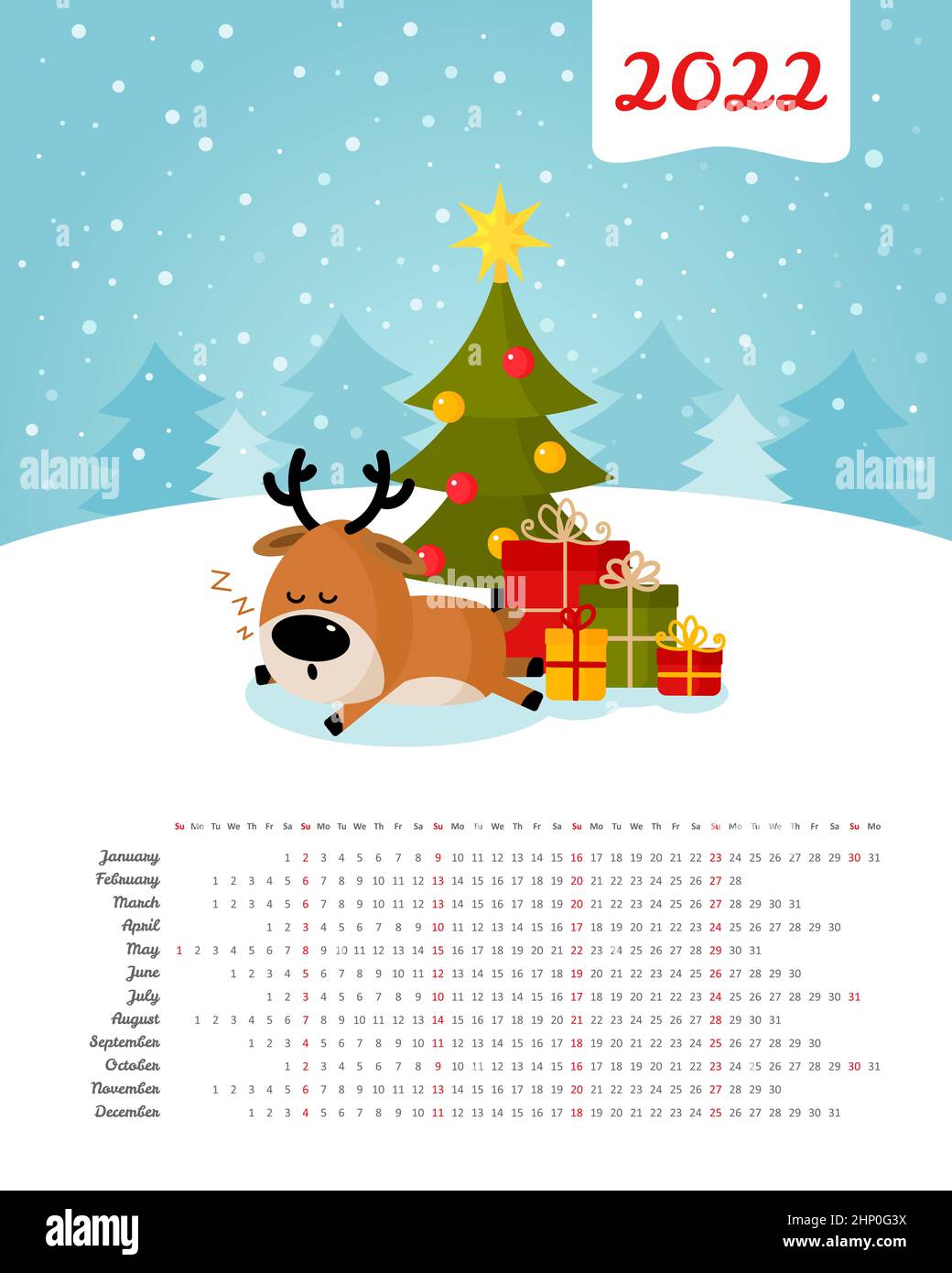 Calendar 2022 year. Santa deer sleeps under Christmas tree with gifts. Merry Christmas and Happy New Year. Color vector template. Week starts on Sunda Stock Photo