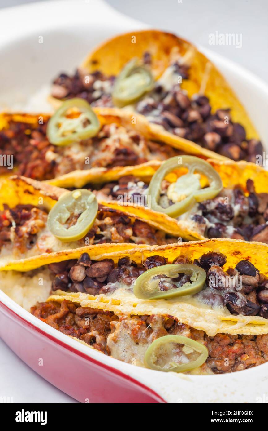 tacos filled with minced meat and black beans Stock Photo Alamy