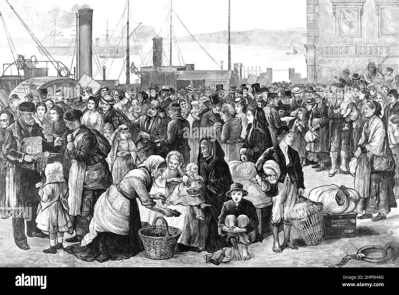 A 19th Century illustration of Irish immigrants leaving Queenstown (Cobh) in County Cork for America during the Great Famine, aka the Famine or the Irish Potato Famine (mostly outside Ireland), a period of mass starvation and disease in Ireland from 1845 to 1852; the most severely affected areas being in the west and south of Ireland, where the Irish language was dominant. During the famine about 1 million people died and more than a million fled the country,  causing the country's population to fall by 20–25%. Stock Photo