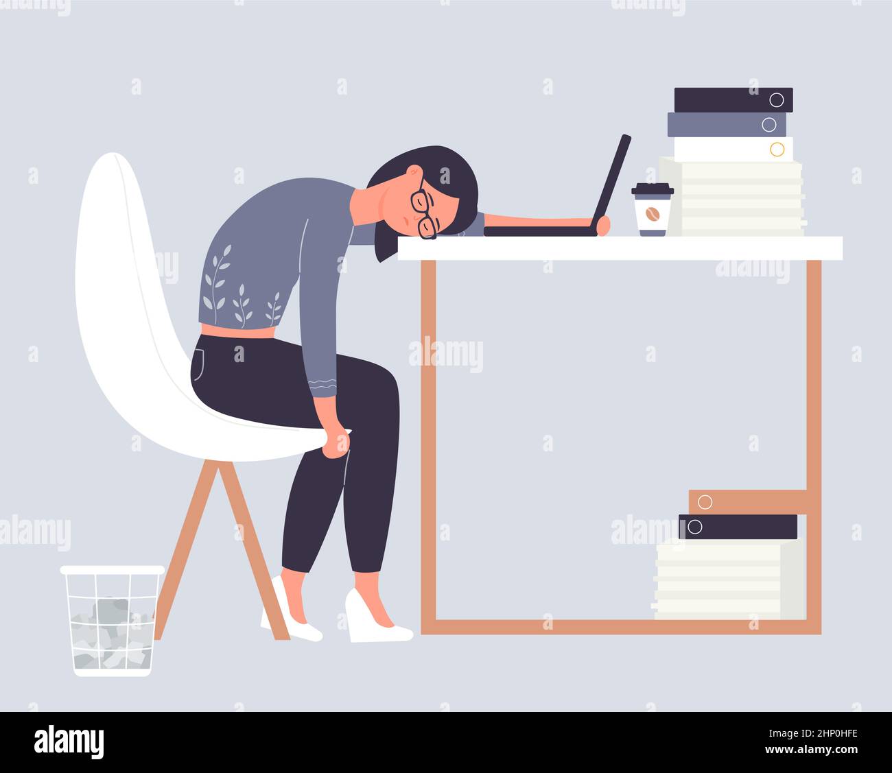 Exhausted girl sleeping on working office table. Professional burning