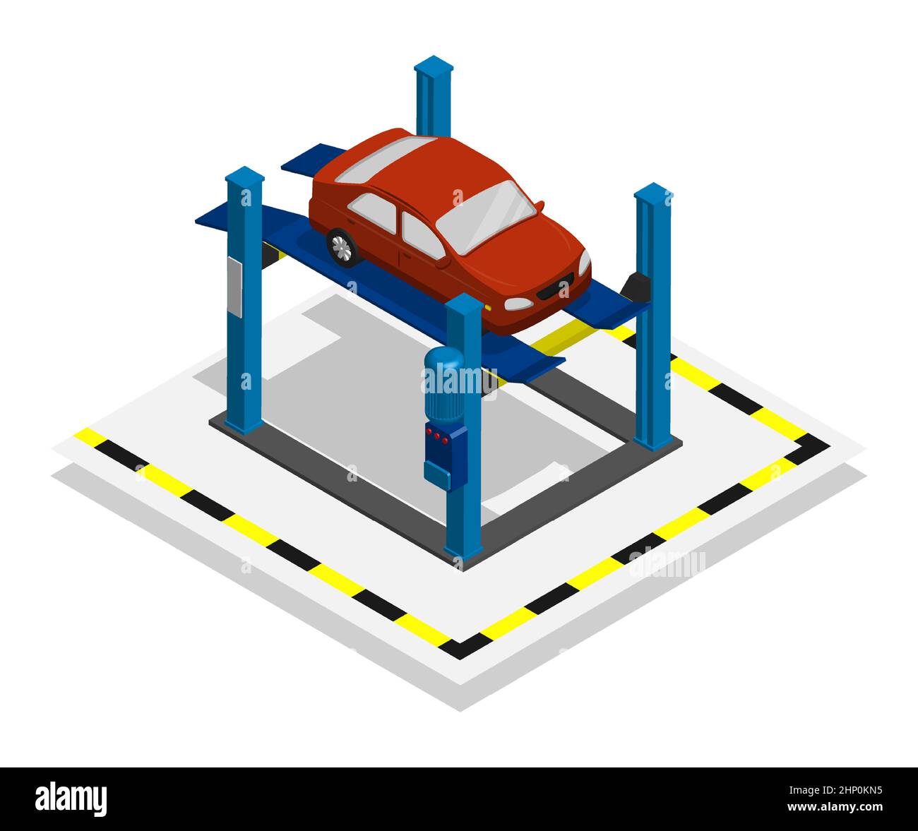 isometric car on an electric lift in workshop. Maintenance of technical condition of machine, inspection before sale. Realistic 3d vector isolated on Stock Vector