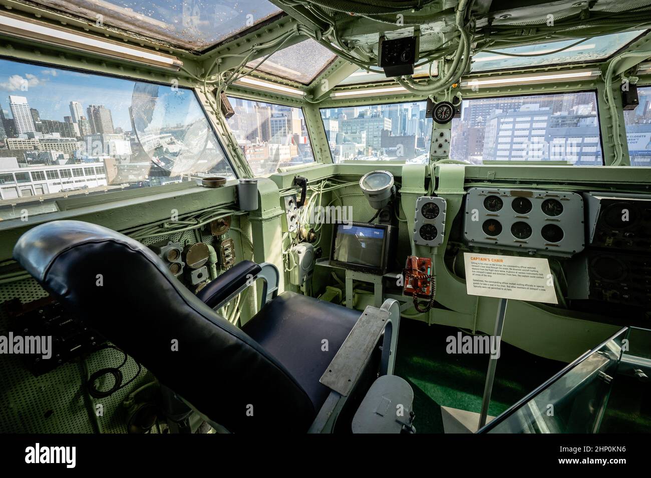 View of the Captain's chair on the command bridge of the USS Intrepid aircraft carrier, Intrepid Sea, Air and Space Museum, New York, NY, USA Stock Photo