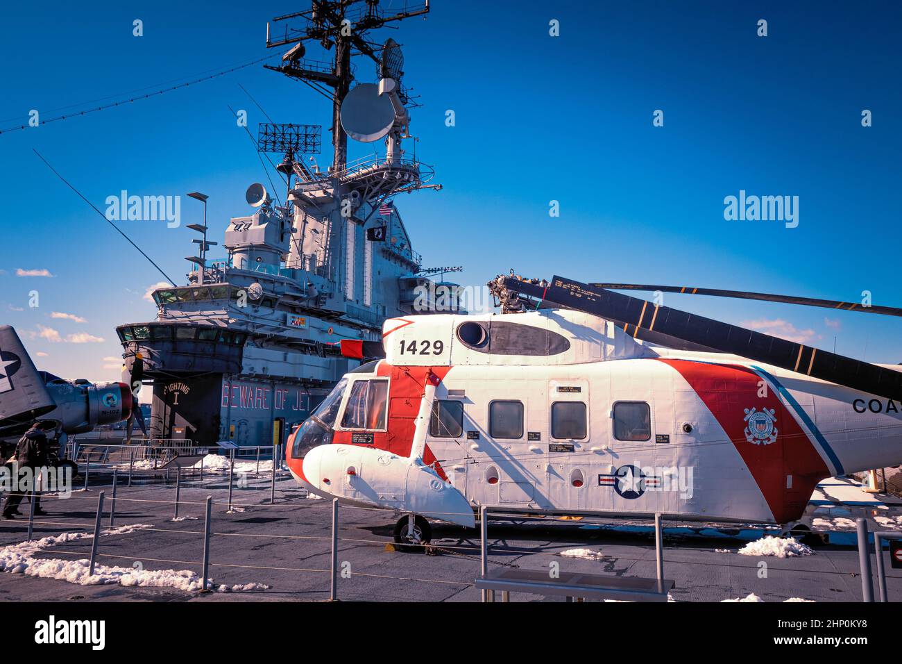 Scenic view of a Sikorsky HH-52 Seaguard SAR helicopter on the flight deck of USS Intrepid, Intrepid Sea, Air and Space Museum, New York, NY, USA Stock Photo