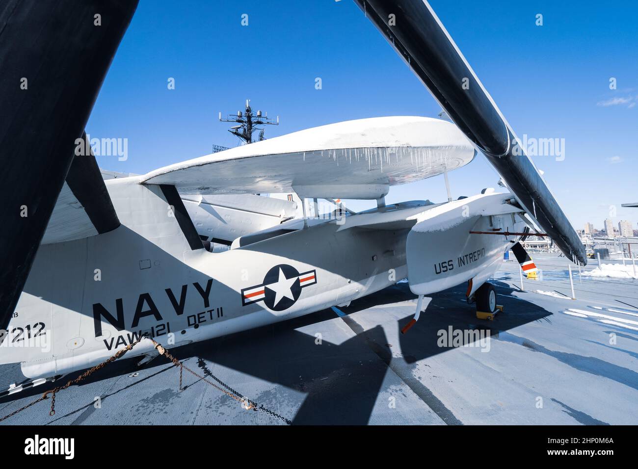 View of a Grumman E-1 Tracer parked on the flight deck of the aircraft carrier USS Intrepid, Intrepid Sea, Air and Space Museum, New York, NY, USA Stock Photo