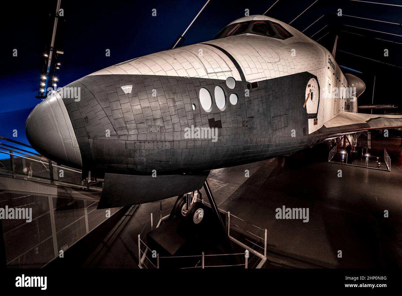 Front view of Space Shuttle Enterprise at the Shuttle Pavilion onboard of the USS Intrepid Sea, Air and Space Museum in New York City, NY, USA Stock Photo