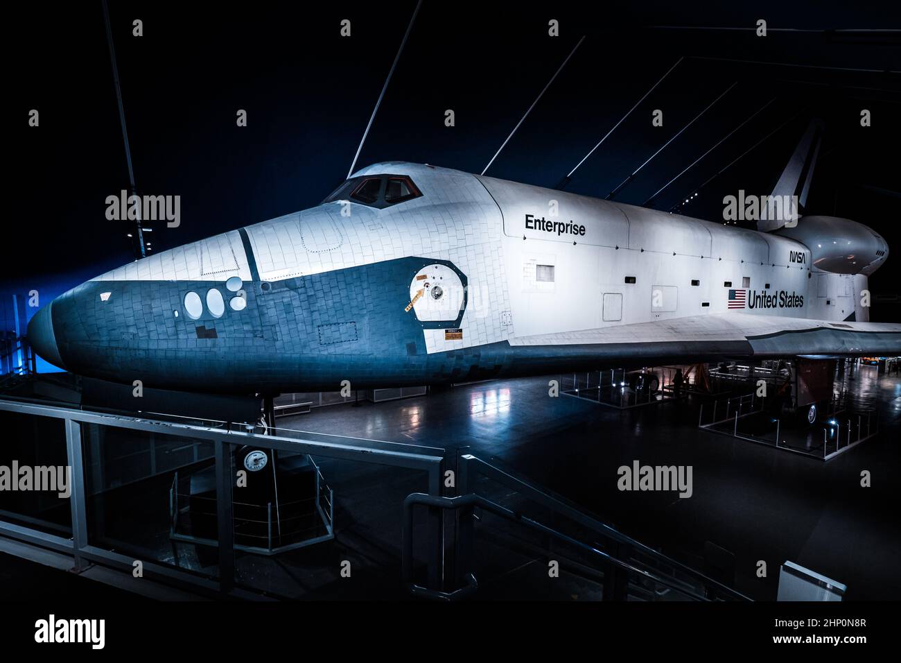 Side view of Space Shuttle Enterprise at the Shuttle Pavilion onboard of the USS Intrepid Sea, Air and Space Museum in New York City, NY, USA Stock Photo