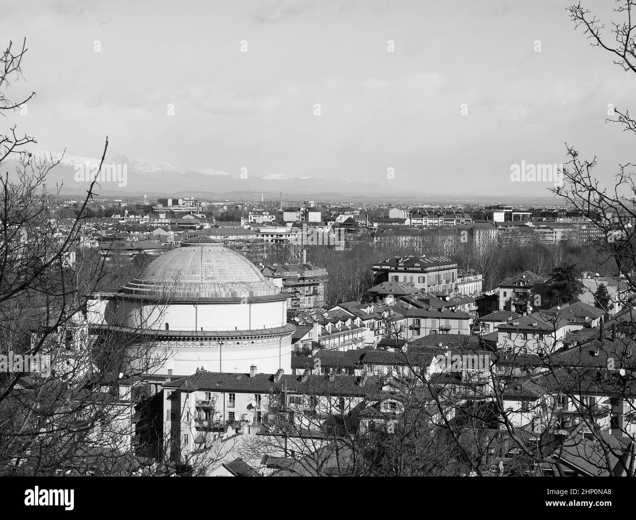 Aerial view of the city of Turin, Italy in black and white Stock Photo ...