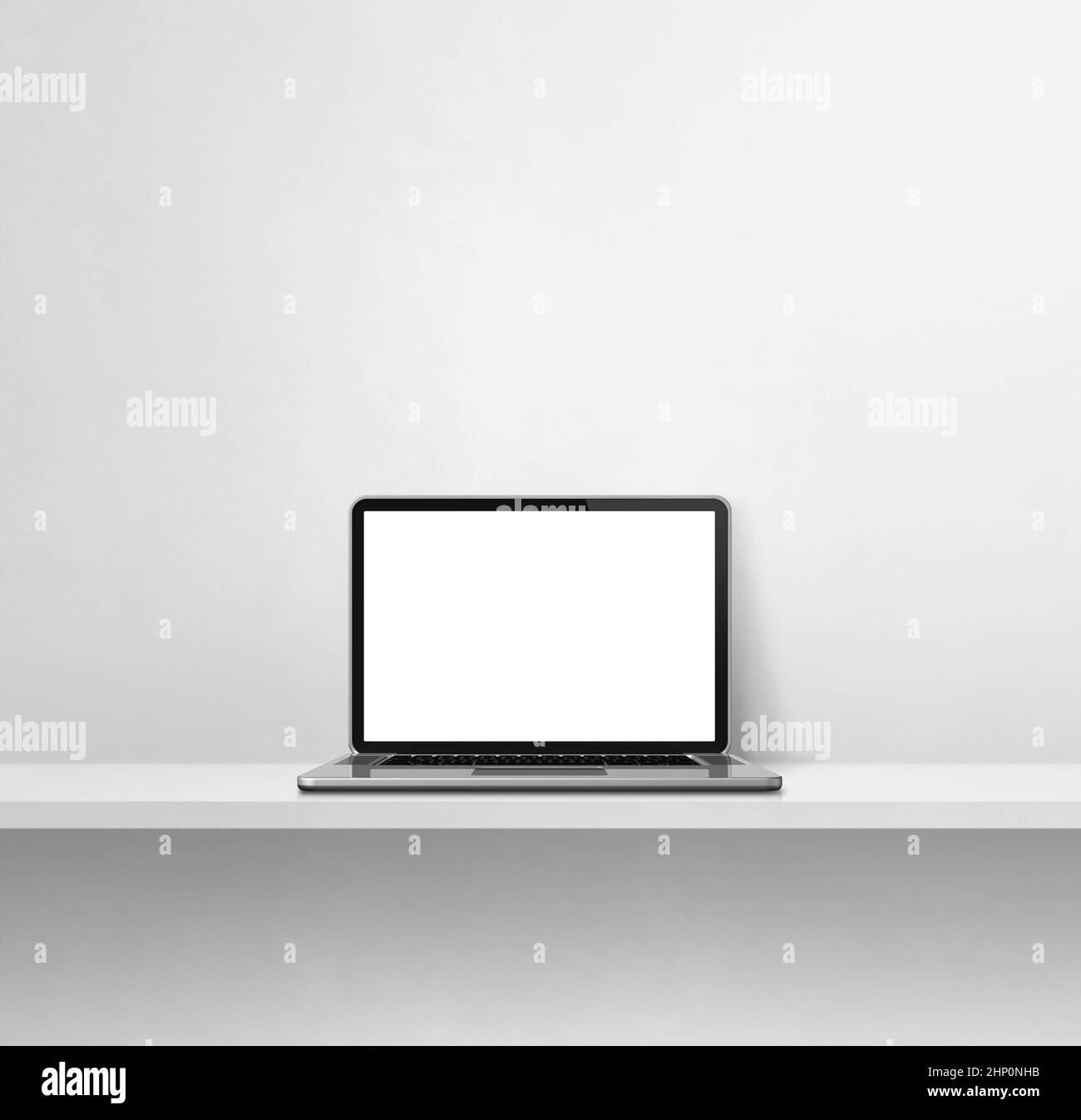 Laptop computer on white concrete shelf. Square background. 3D ...