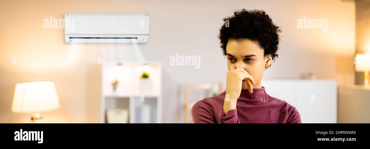 Air Conditioner Odor At Home. Upset Woman Stock Photo Alamy